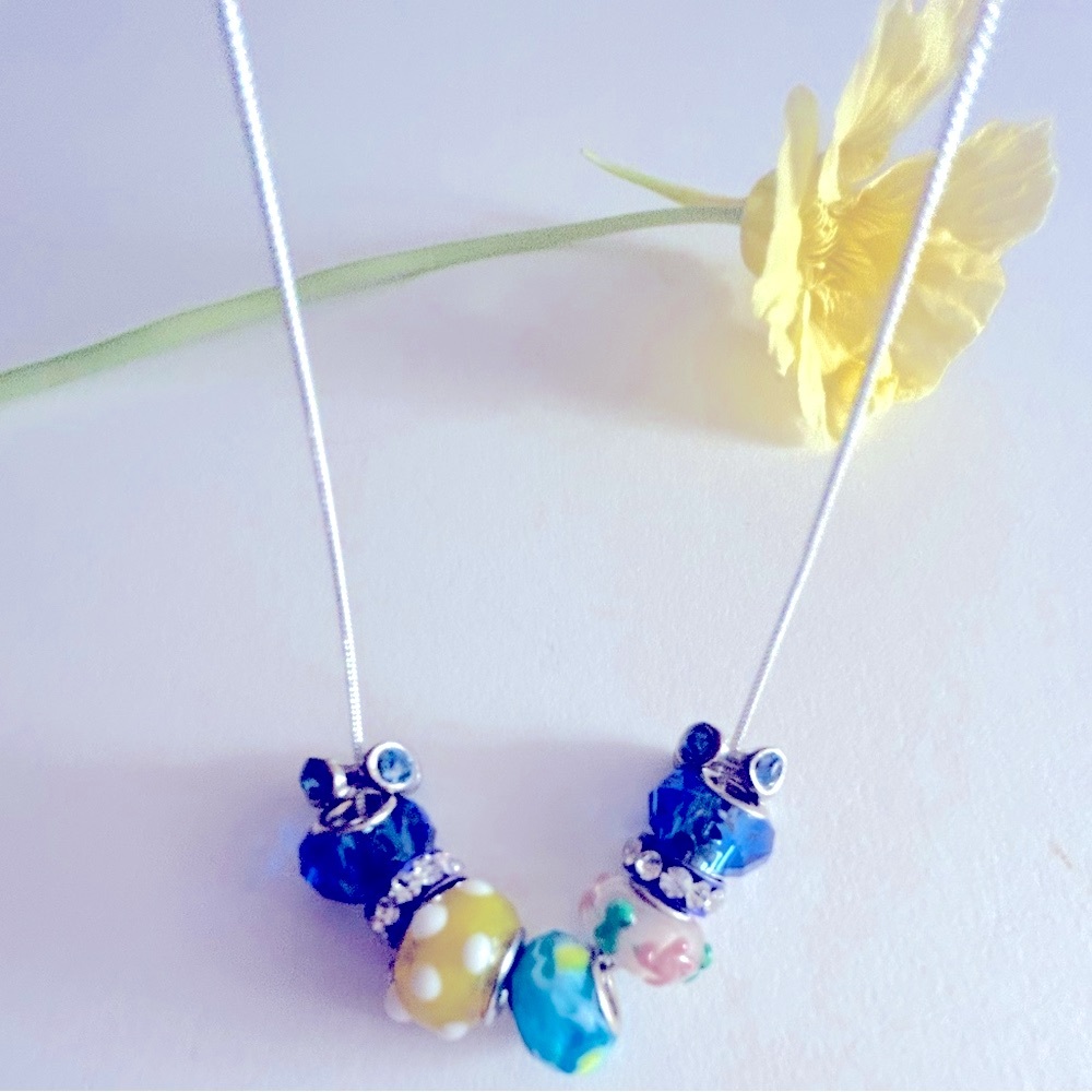 Necklace Italian Murano blue yellow vintage beads, .925 silverplated chain 16”